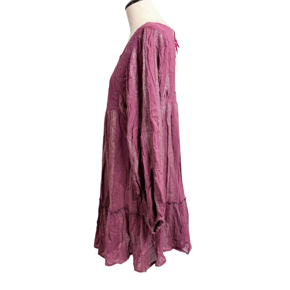 NWT Raga Women Small Plum Purple Beaded Metallic Stripe Babydoll Mini Dress Boho - Picture 6 of 12